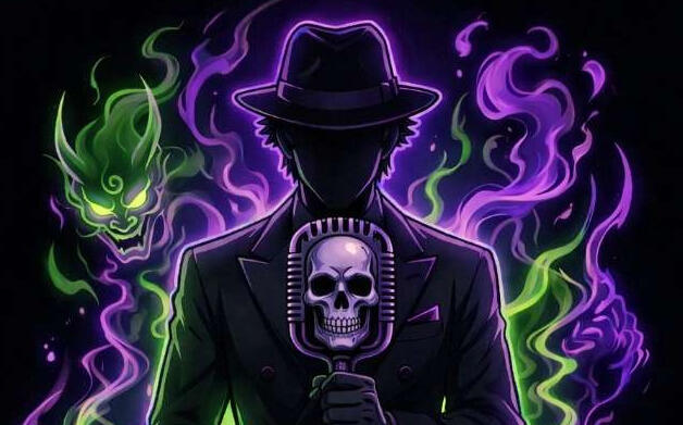 Mr.Spooks: a skull-faced figure in a fedora behind a vintage microphone, wreathed in purple and green smoke